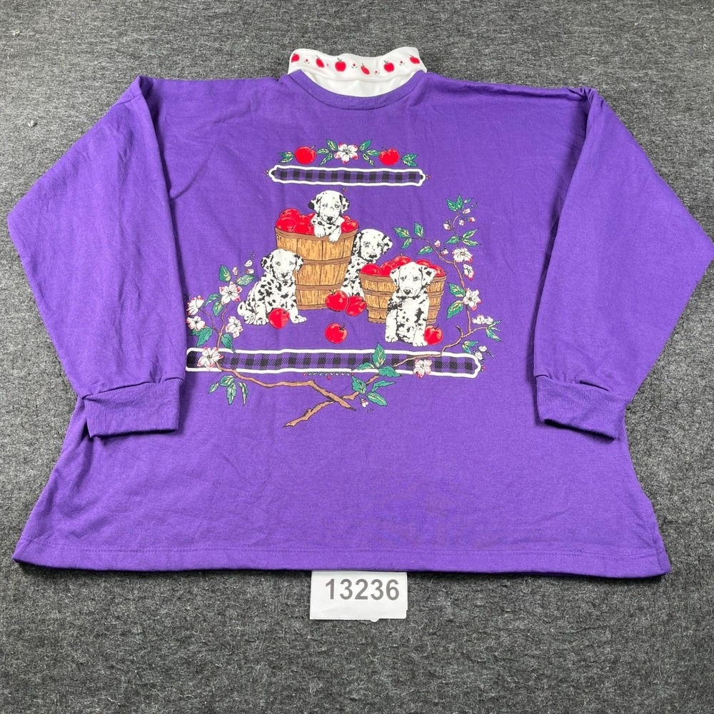 Vintage Holiday Time Sweatshirt Womens 22W Purple Dalmatian Apple Print Winter